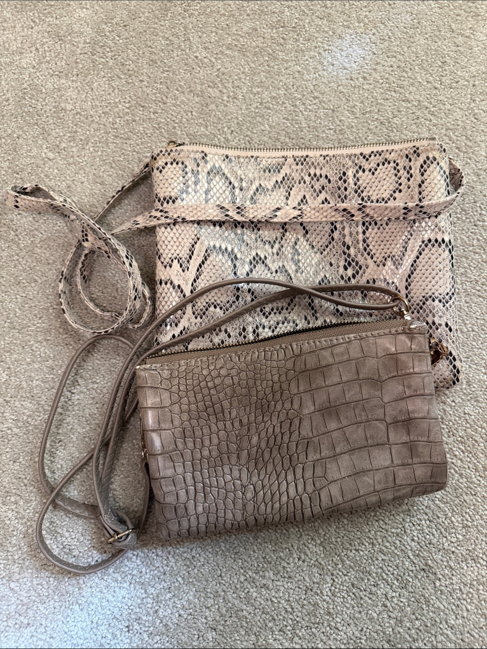 Taupe Croc-Embossed Crossbody Bag with Snakeskin Pouch.